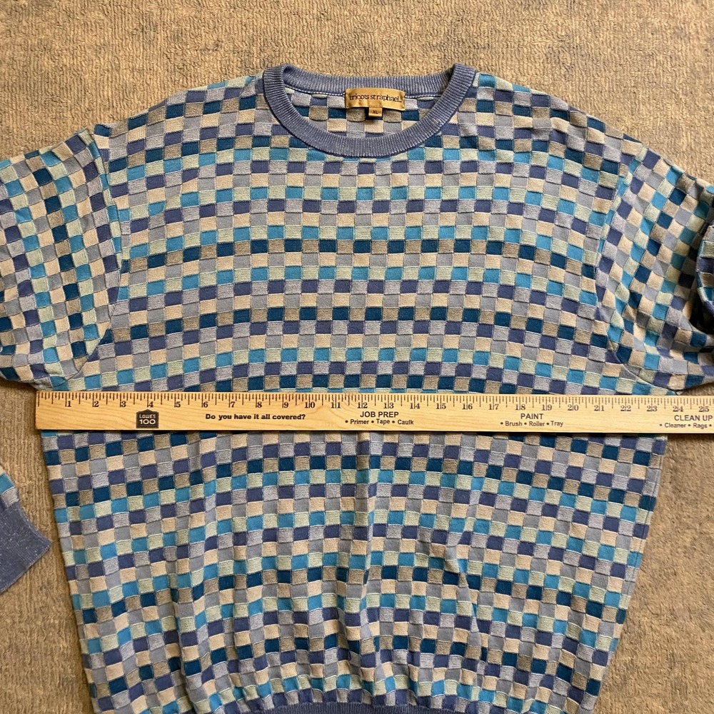 Vtg Tricots St Raphael Sweater Mens XL Blue Geometric Checkerboard 100% Cotton - Picture 5 of 12